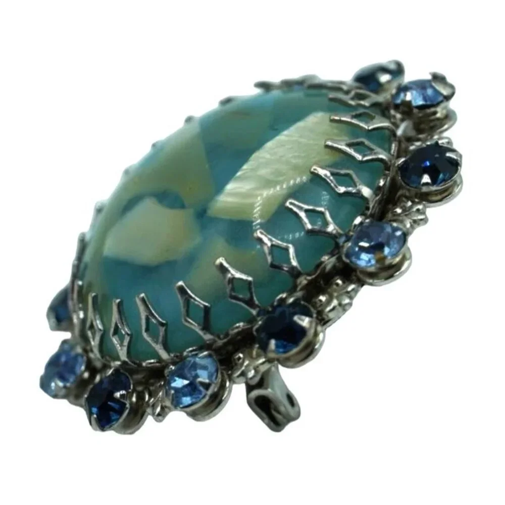 Vintage Rhinestone Set Confetti Lucite Brooch Earrings Blue Green Fleur de Lis C